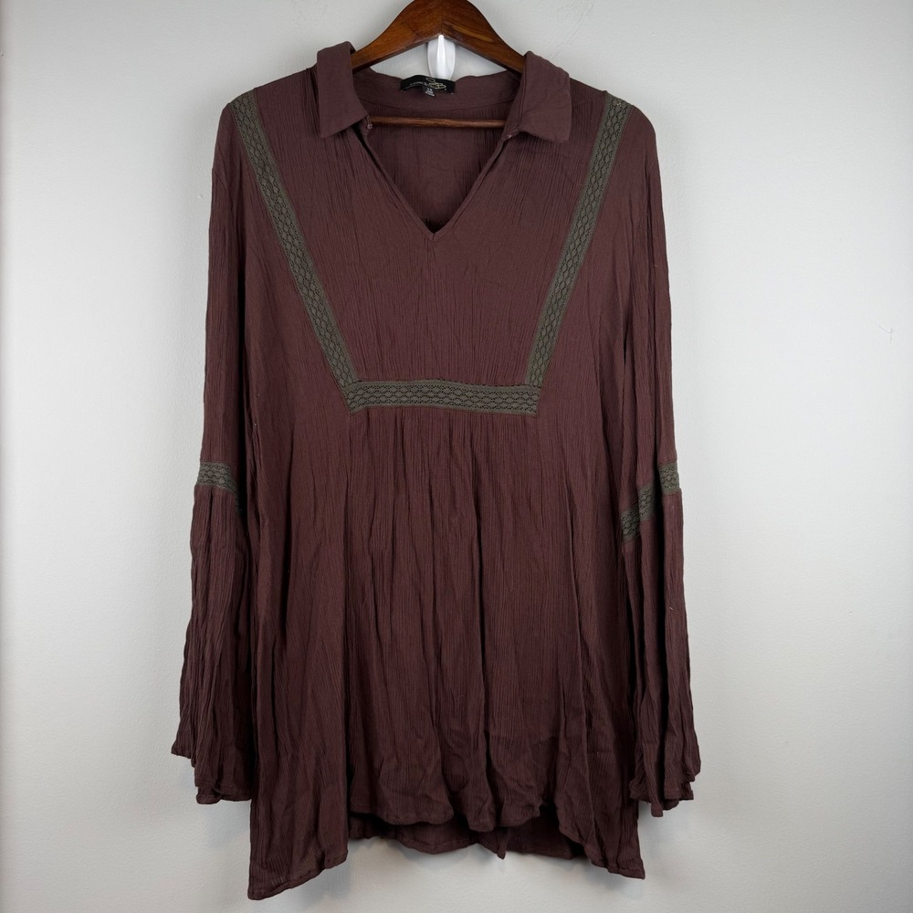 Bohemian Crinkled Bell Sleeve Tunic Top Womens 1X Brown Boho Crochet Trim Earthy